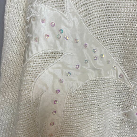 Vintage 80s Sweater Applique Beaded Sequins White Women Medium Batwing Sleeve - Picture 8 of 14
